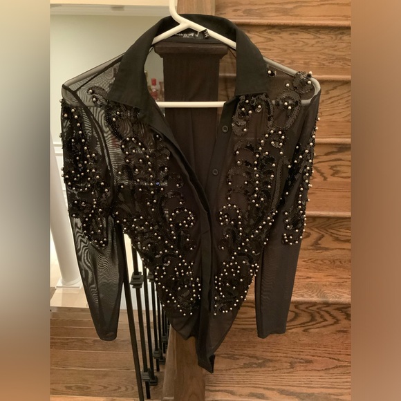 Boutique Paris Beaded Sequin Black Sheer Long Sleeve Body Suit Size Medium/Large - Picture 12 of 16